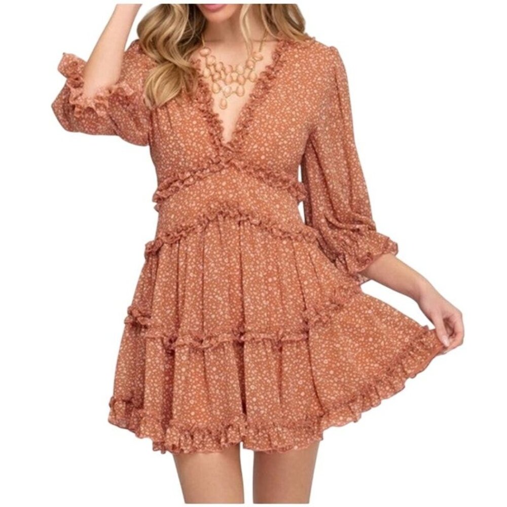 Burnt Orange Floral Ruffle Long Sleeve Mini Dress Women’s Small Autumn Boho Fall